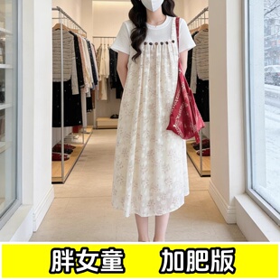 夏季女大童连衣裙加肥加大码胖女孩初高中学生提花假两件连衣裙子