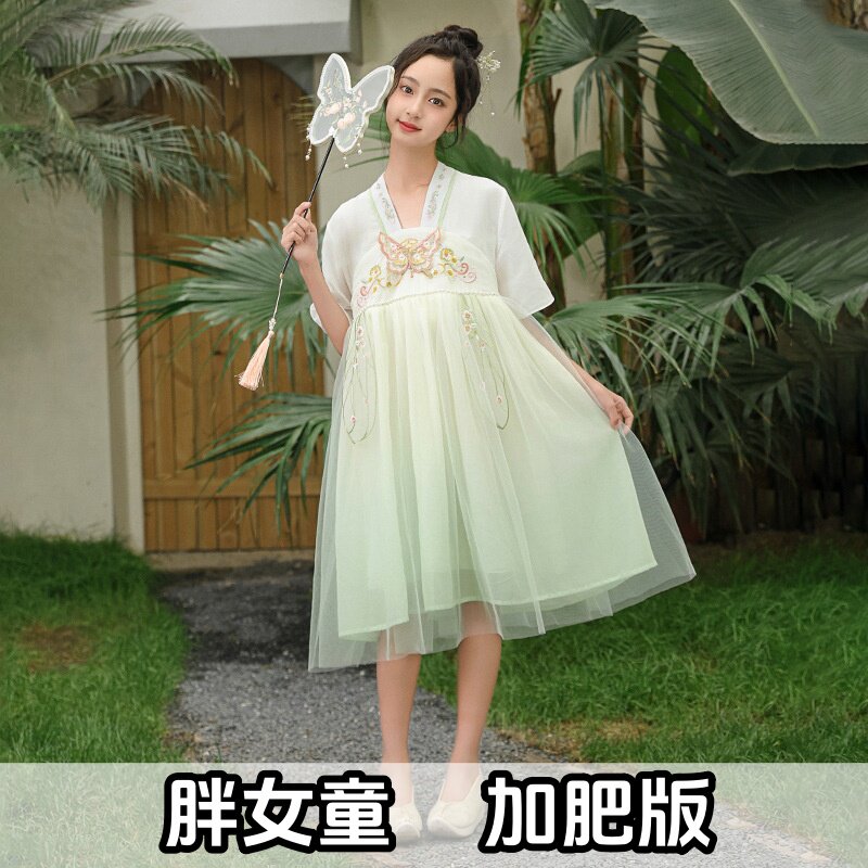 胖女童汉服连衣裙夏季加肥加大中大童大码宽松改良古装裙超仙纱裙