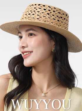 WUYYOU镂空轻奢小众设计款天然手工草编帽子平顶法式慵懒遮阳帽