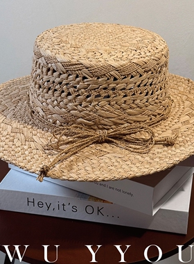 WUYYOU镂空手工编织拉菲草帽平檐礼帽气质款舒适透气法式遮阳帽
