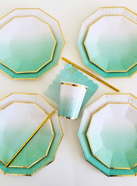 蛋糕盘子一次性纸盘餐盘生日刀叉盘子叉盘套装茶歇盘绿色金边盘子