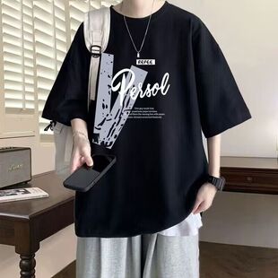 纯棉短袖T恤男款夏季宽松大码半袖休闲百搭韩版圆领印花学生上衣