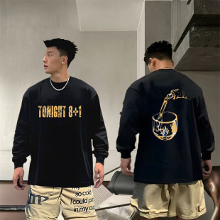 特大码300斤美式痞帅纯棉男款t恤长袖青少年秋季潮牌圆领打底上衣