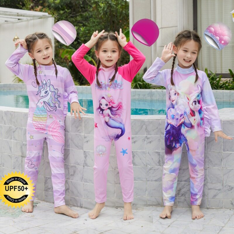 儿童连体泳衣速干女童独角兽星星美人鱼彩虹泳衣防晒女孩长袖泳装