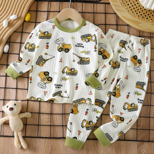 秋冬季 纯棉100%男童工程车挖掘机吊车小火车睡衣服女 儿童秋衣秋裤