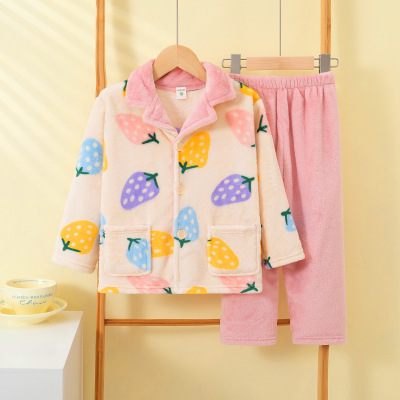 秋冬季儿童法兰绒睡衣加绒加厚女童草莓小熊猫小鸭子家居服小女孩