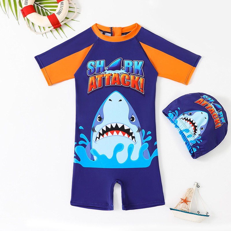 2024夏季儿童睡衣速干男童海洋鲨鱼巨齿鲨恐龙连体泳衣中大童泳装