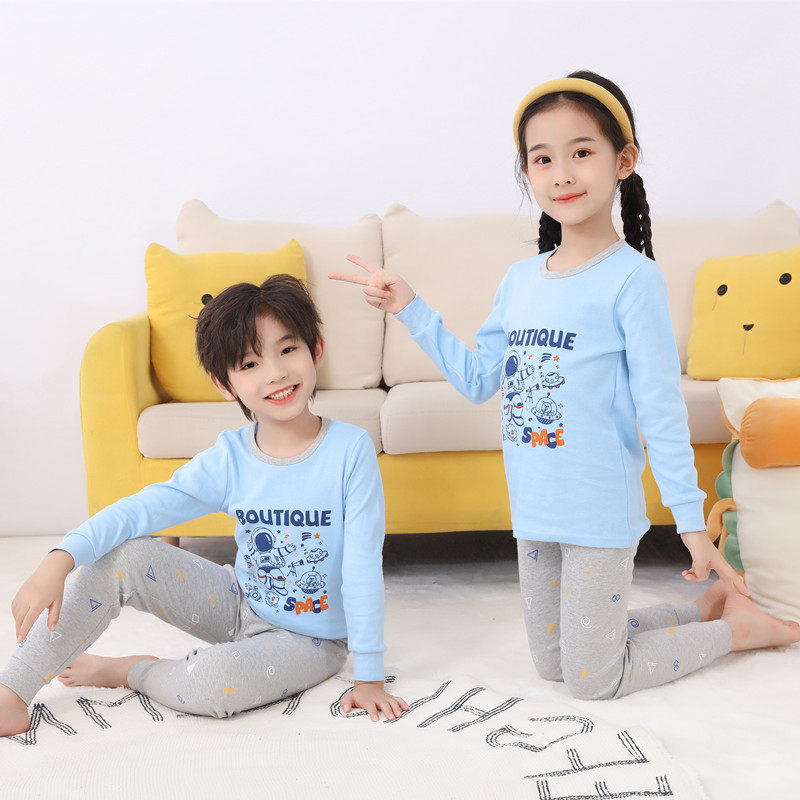 春秋季韩版儿童睡衣纯棉男童太空人小火箭星球秋衣秋裤女孩内衣服