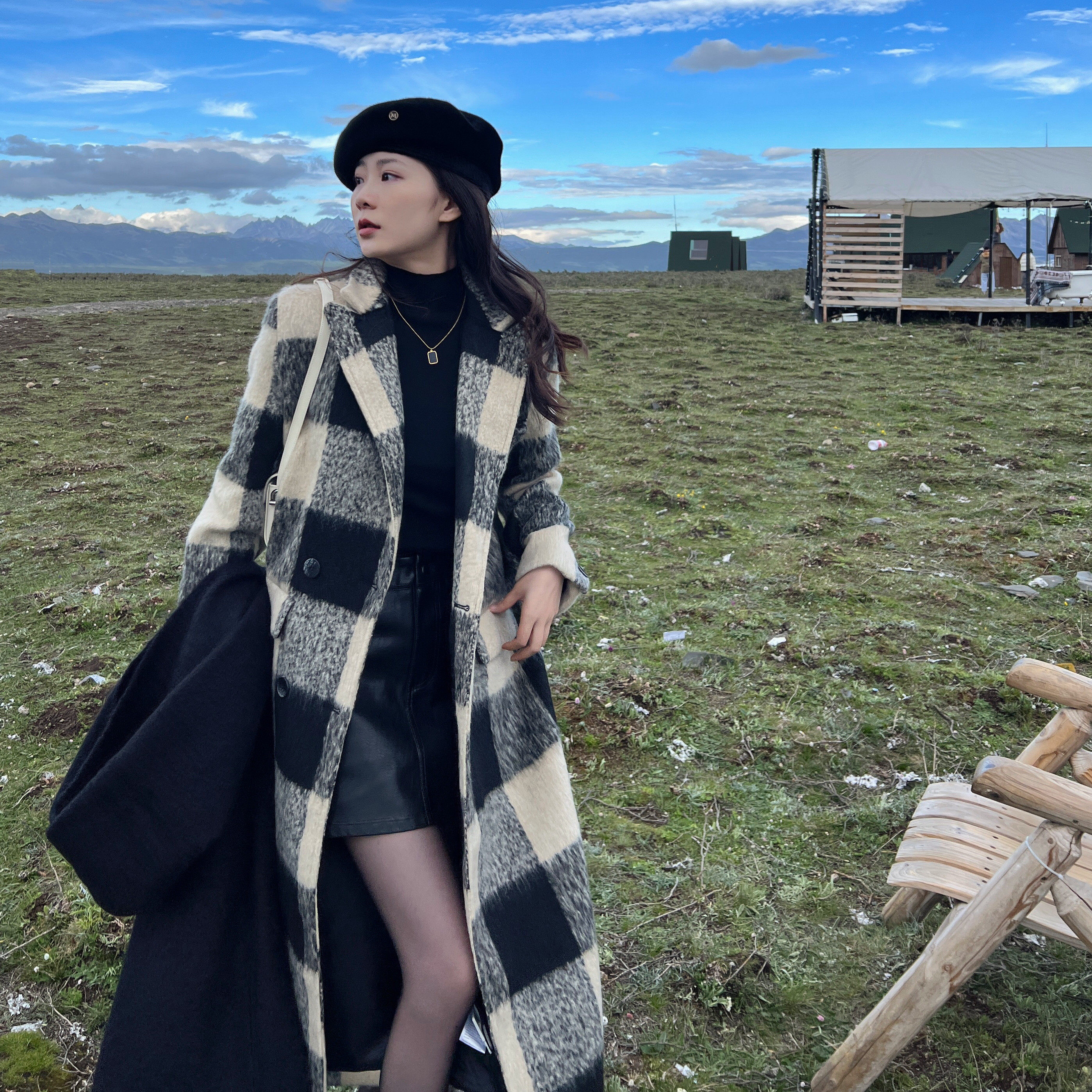 毛呢大衣女外套秋冬季2023新款高级感格子英伦风呢子小个子中长款