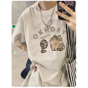 胖mm大码纯棉短袖t恤男女情侣装设计感小众美式半袖宽松正肩上衣