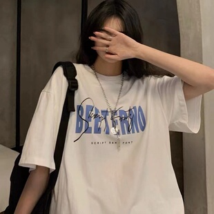 欧货夏季2024新款短袖t恤女宽松设计感小众纯棉正肩白色上衣ins潮