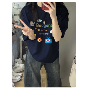 美式复古潮牌设计感小众纯棉短袖T恤男女大码胖mm宽松情侣装上衣