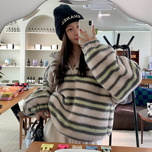 十三行秋季chic日韩版条纹羊羔毛减龄时尚个性小众设计外套上衣女