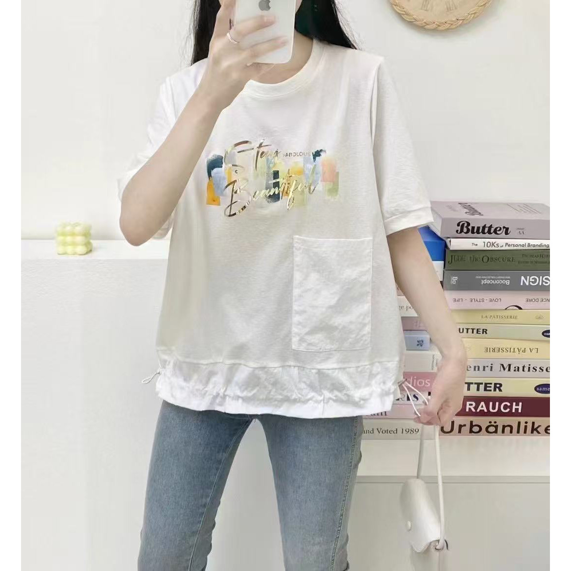 2025日韩夏季新款宽松休闲通显瘦穿搭圆领创意印花拼接短袖T恤女