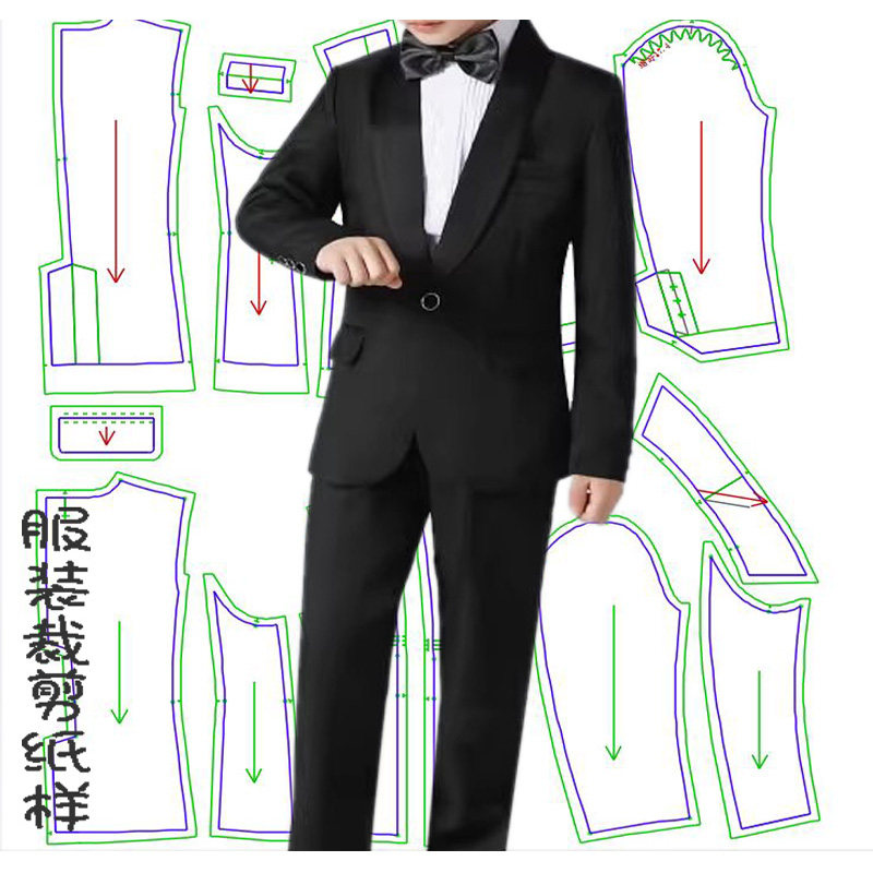男童青果领西装纸样版裁剪图纸儿童宴会花童礼服三件套裁衣服模板