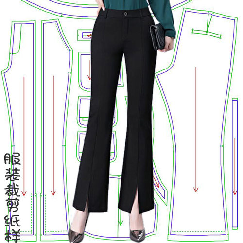女装修身喇叭裤阔腿裤裁剪图高腰