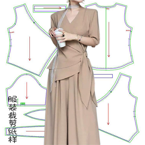 新品女装V领上衣阔腿裤裁剪纸样
