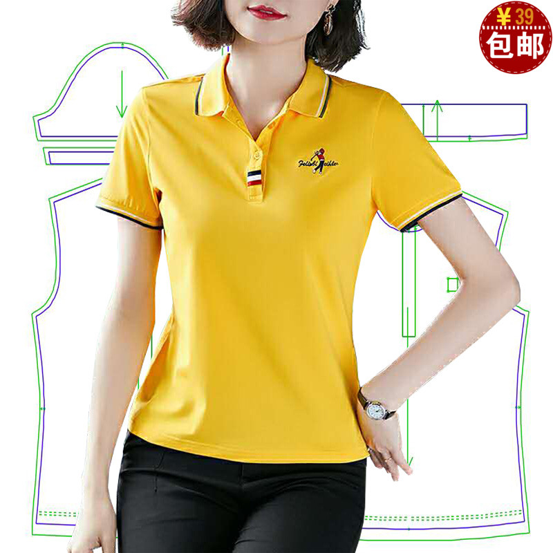 短袖polo衫女纸样裁剪图纸夏装开襟t恤打版样衣裁衣模板缝纫图样