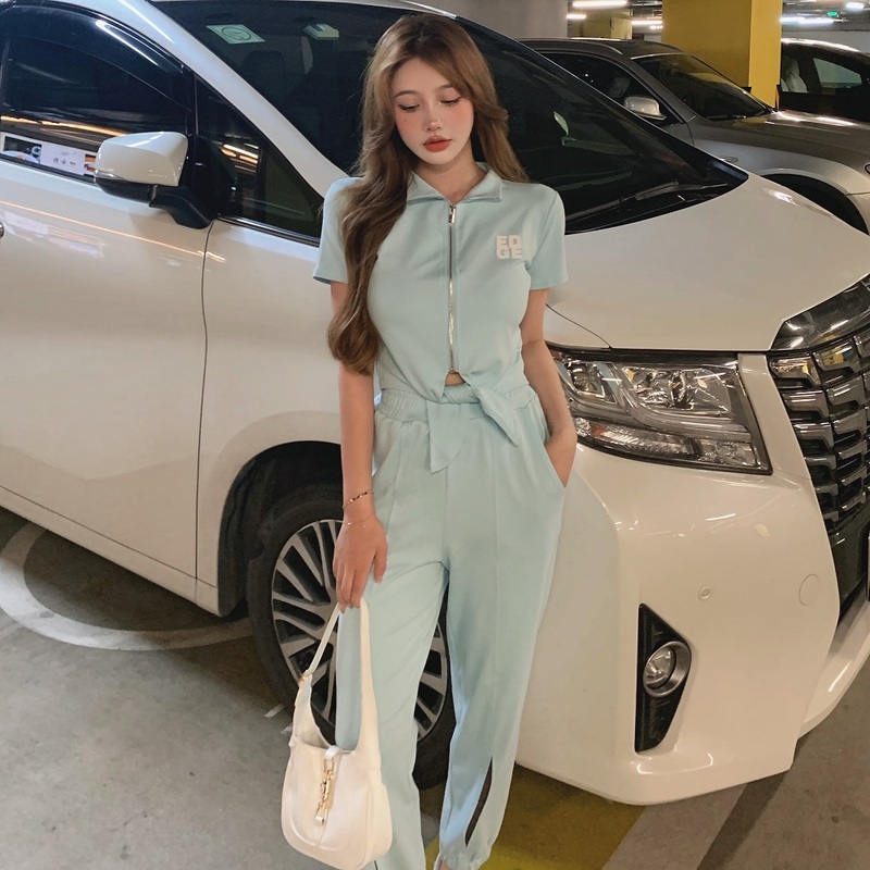 Real shot fashion trend thin short sleeve letter Top + casual loose sports Leggings suit simple temperament