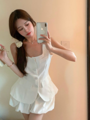 Real shooting temperament waist collection suit waistcoat sling + high waist slim bract shorts suit