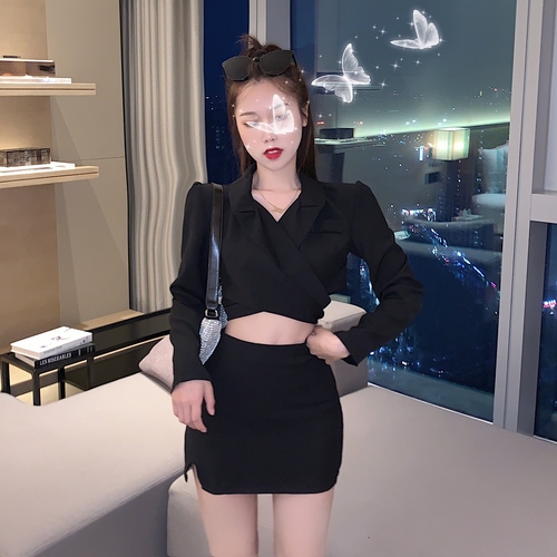 Real shooting of designer's open waist suit Hepburn suit fashion cross top wrap hip skirt two-piece set