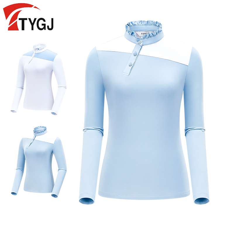 TTYGJ女士长袖T恤弹力荷叶立领