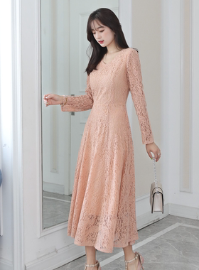 蕾丝连衣裙蕾丝春秋女2025法式大码高级感a字气质白色长袖中长裙