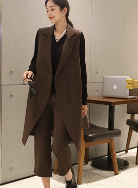 洋气时尚春秋女时尚欧货马甲套装宽松大码中长西装马夹裤子两件套