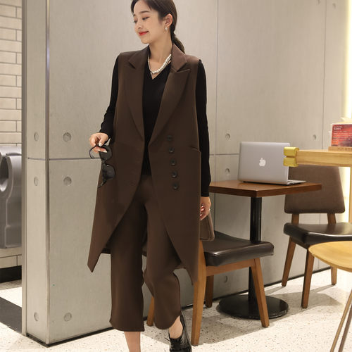 洋气时尚春秋女时尚欧货马甲套装宽松大码中长西装马夹裤子两件套