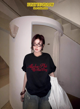 正品现货FISHYU冬季新款美式复古字体Alpha Phi立体刷绣短袖t恤女