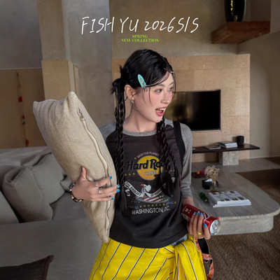 正品现货FISHYU早春新款美式复古HardRock条纹撞色7分袖休闲t恤女