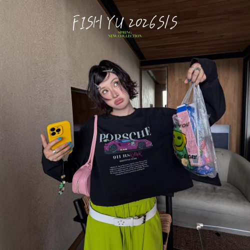 正品现货FISHYU早春新款美式复古跑车字母印花做旧短款长袖t恤女