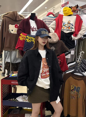 正品现货FISHYU冬季新款美式复古字母印花水洗牛仔夹棉暗扣衬衫女