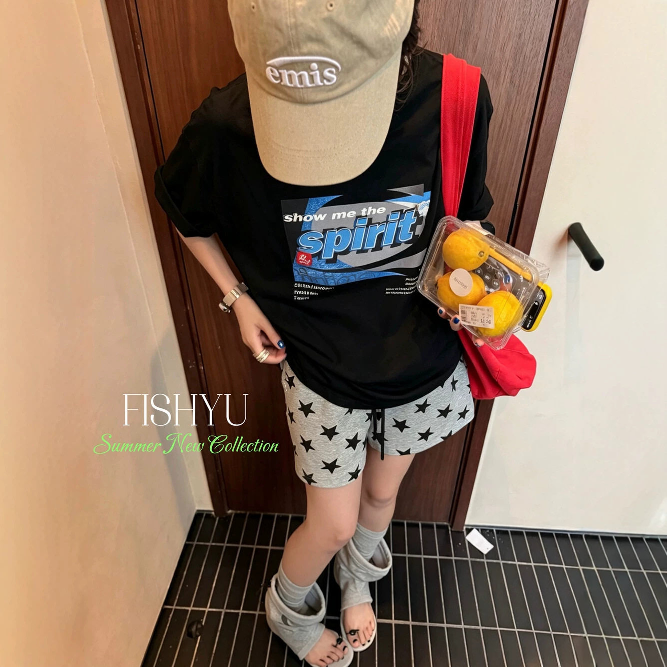 正品现货FISHYU夏季新款美式复古字母印花立体别针装饰短袖女t恤