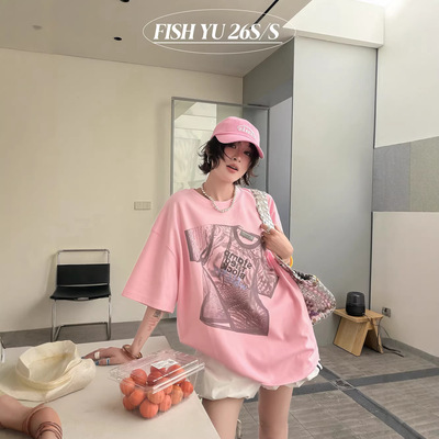 正品现货FISHYU夏季新款美式复古彩色贴标字母印花圆领短袖t恤女