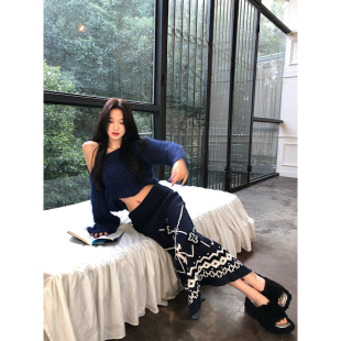 高腰包臀长裙 12YE 蓝色针织秋冬套装 女宽松休闲长袖 露肩毛衣上衣