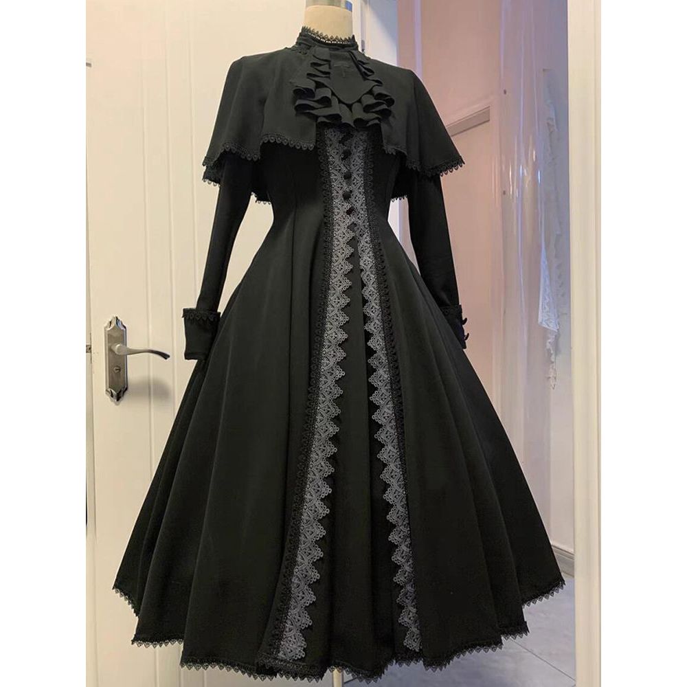 【梦魇魔女】哥特风气质披肩斗篷+黑色显瘦拼接连衣裙两件套装女