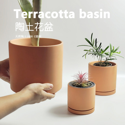 大口径红陶土直筒花盆绿植园艺室内外圆柱形透气保湿素烧陶土花盆