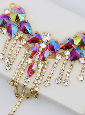 流苏彩色水钻手缝领口舞蹈服头巾装饰钻V领婚纱晚礼服配饰