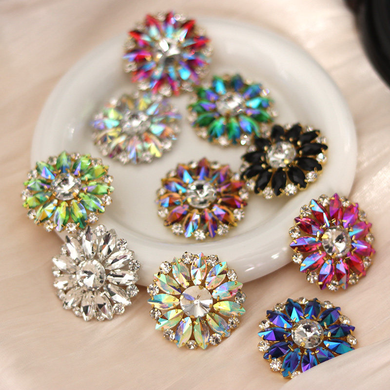 4cm圆形花朵彩色水钻贴花DIY饰品配件DIY手工包包帽子等服装辅料