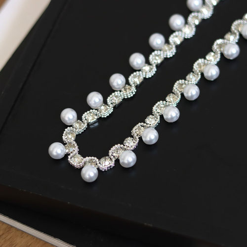 S形珍珠流苏水钻链条珠光白银色