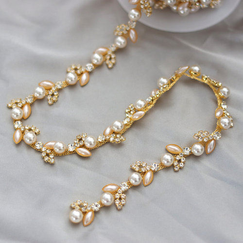 金底叶子水钻珍珠链条DIY婚纱