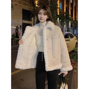 皮毛一体2025年新款羊羔毛外套女秋冬季鹿皮绒机车服夹克加绒加厚