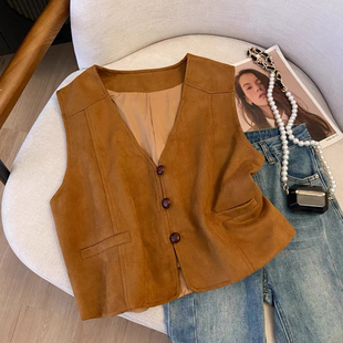 复古民族风棕色麂皮复古叠穿马甲背心女V领百搭休闲短款马夹外套
