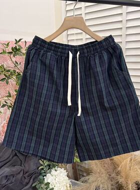 「木佐严选」高级色织格纹休闲松紧腰棉麻短裤女E7004