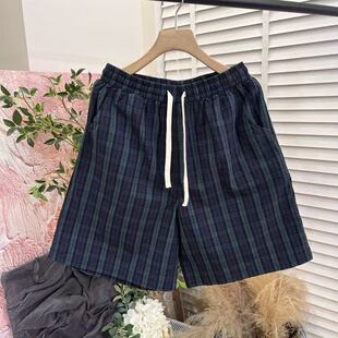 「木佐严选」高级色织格纹休闲松紧腰棉麻短裤 女E7004
