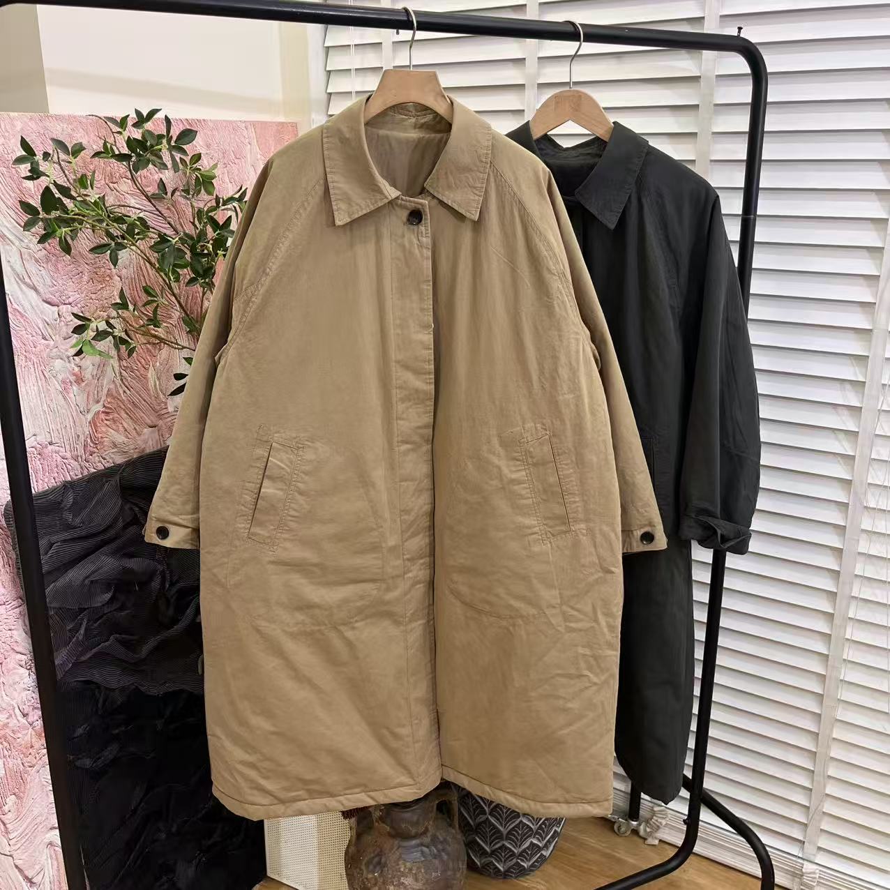 秋冬简约「翻领宽松夹棉」中长款棉服女E6331
