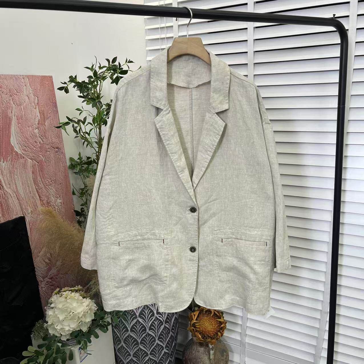 日系春款新品水洗麻料单排扣休闲百搭长袖西装女E3296