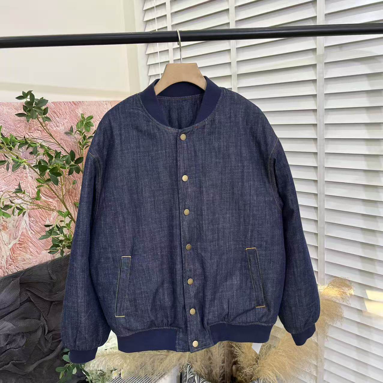 「木佐严选」水洗棉麻加厚夹棉棒球领长袖棉衣棉服女E6289
