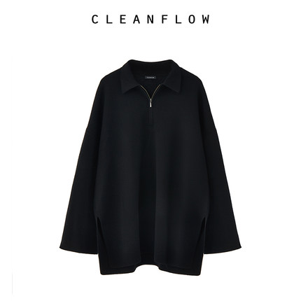 CLEANFLOW | 精纺纯羊毛针织小翻领半开襟卫衣套头毛衫简约上衣女